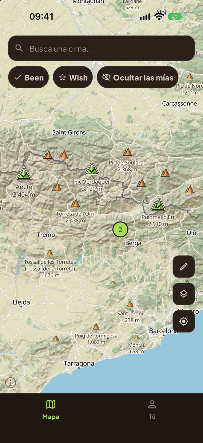 El mapa de PeakBeen, con las cimas en las que has estado en verde