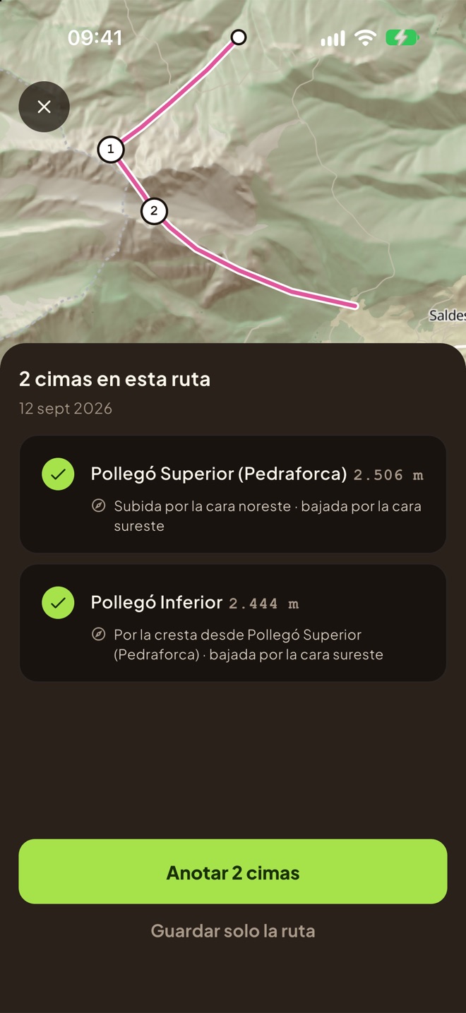 Las cimas encontradas en una ruta importada, con la cara de cada ascensión