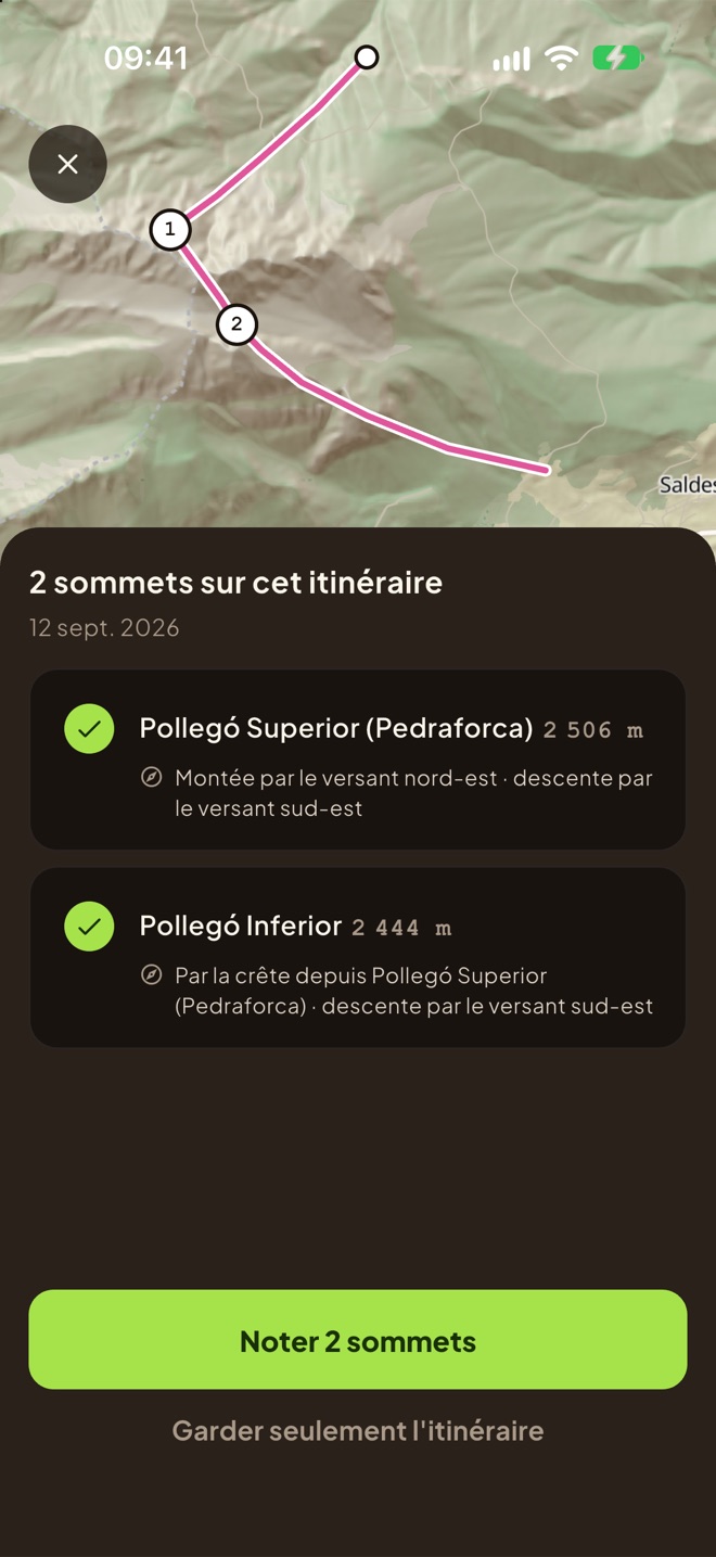 Les sommets trouvés sur un itinéraire importé, avec le versant de chaque ascension