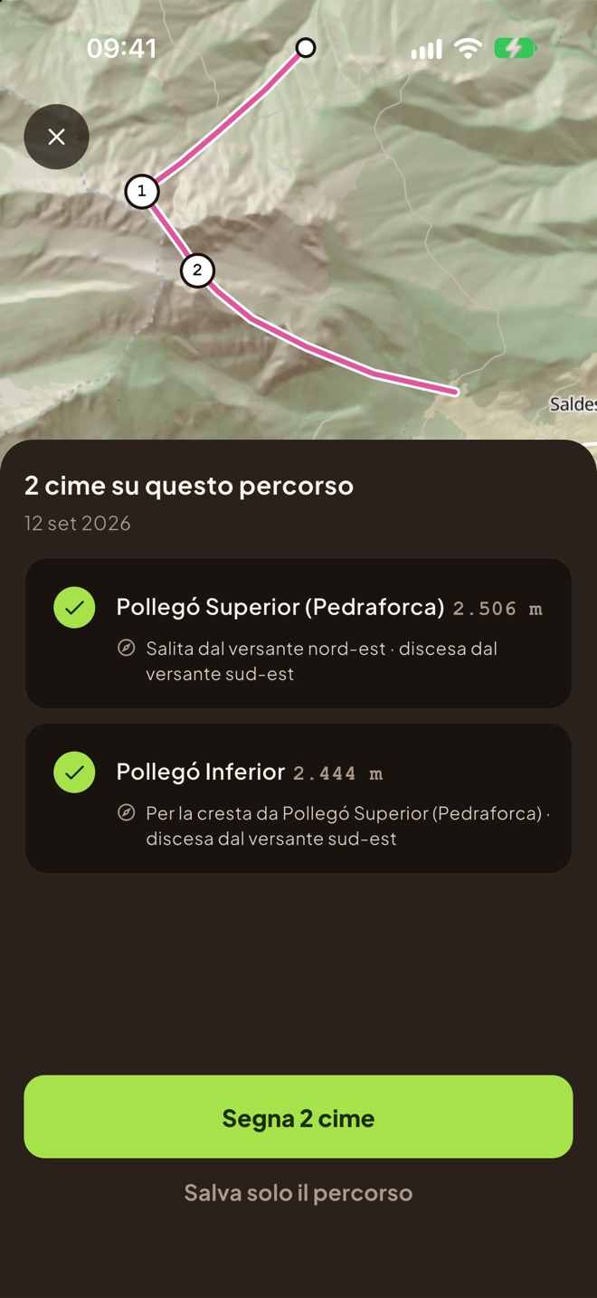Le cime trovate su un percorso importato, con il versante di ogni salita